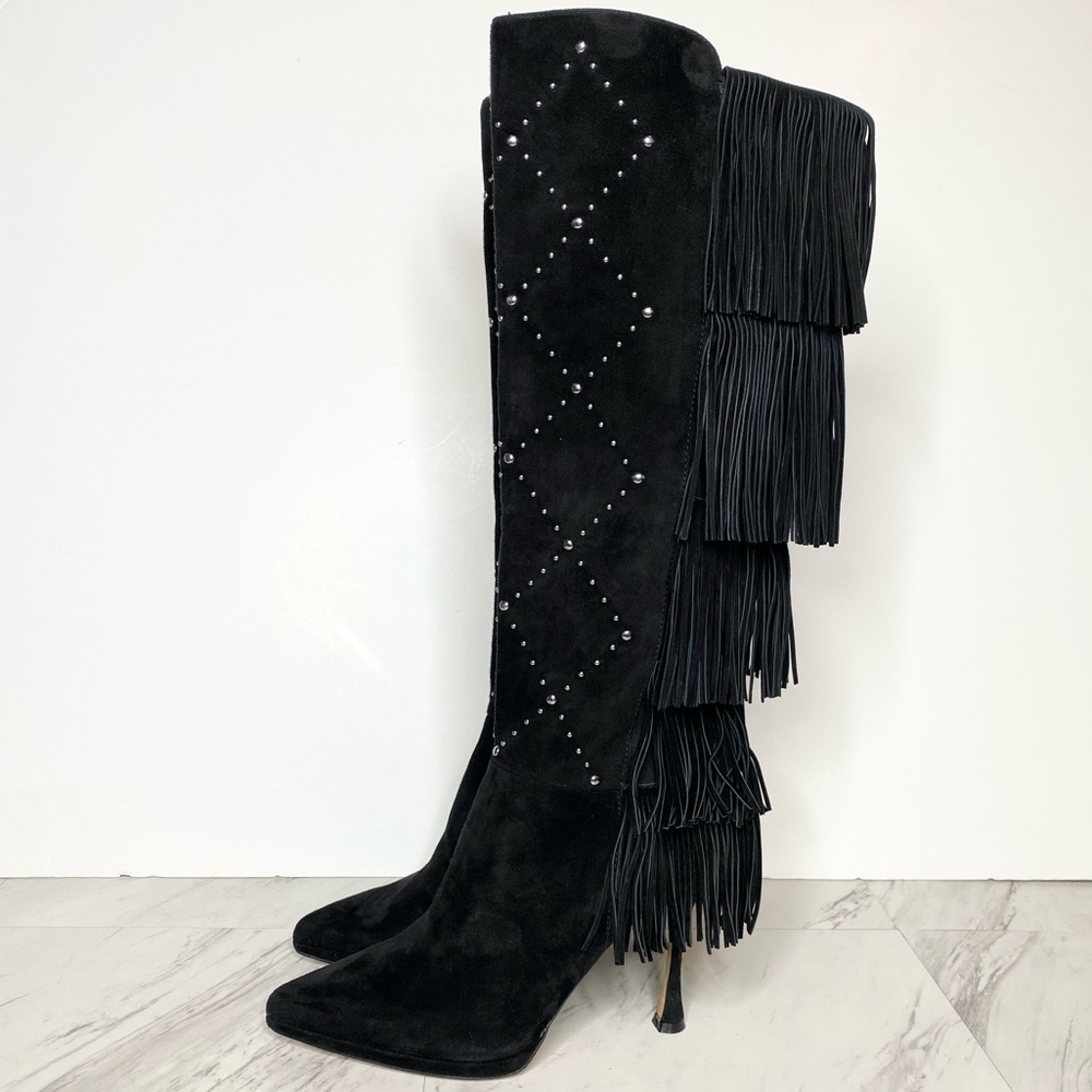 New! Vince Camuto Panaryaz Black Suede Fringe Embellished Tall Boot 9M